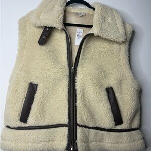 LOFT Cream Sherpa Vest with Dark Brown Trim